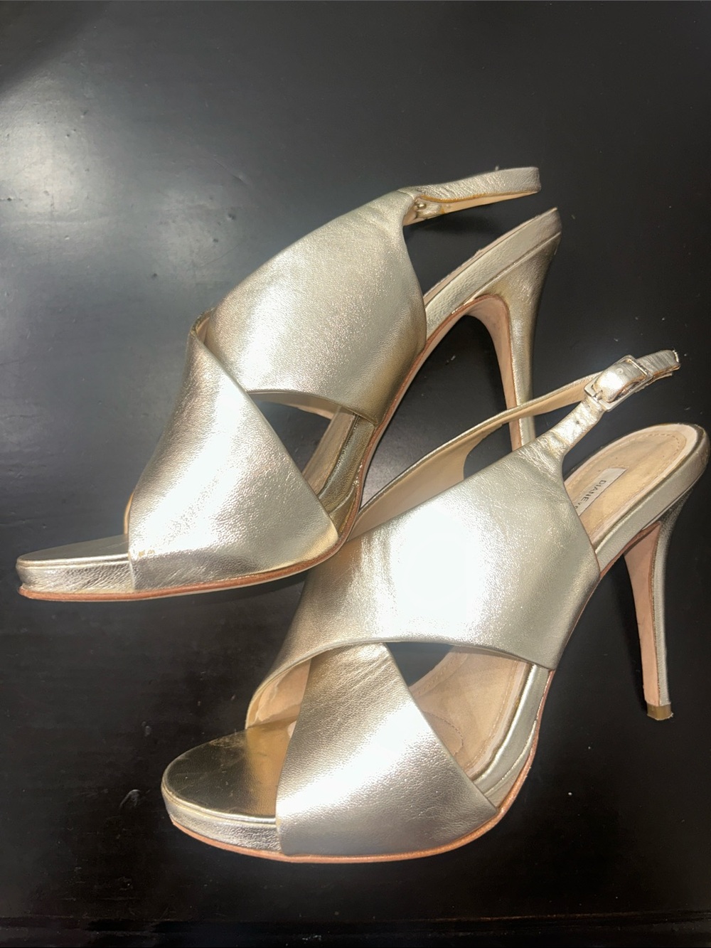 Diane von Furstenberg “Vick” Metallic Gold Crisscross Slingback Heels Sz8